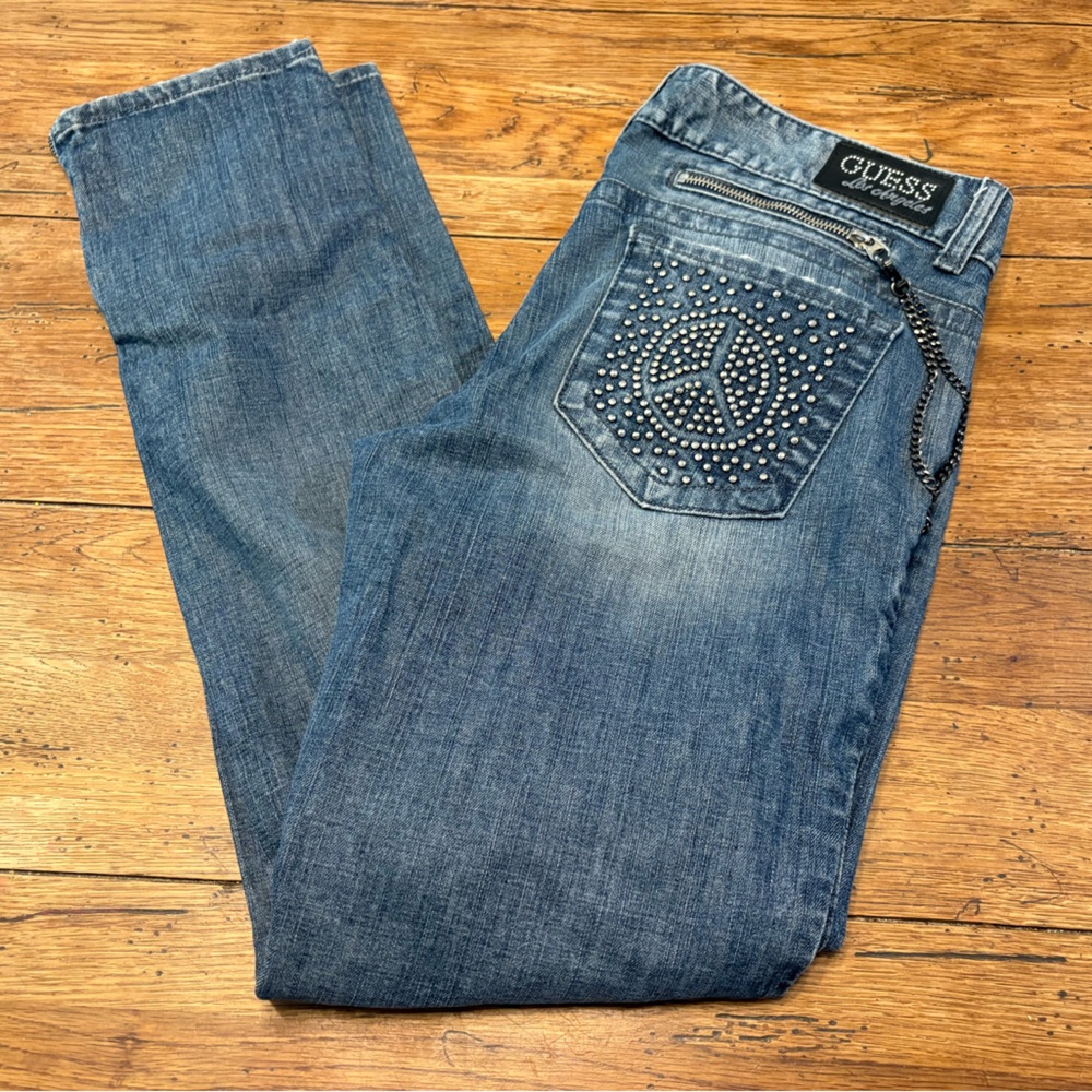 Vintage Guess LA Y2K Daredevil Backstage Jeans with Studded Peace ☮️